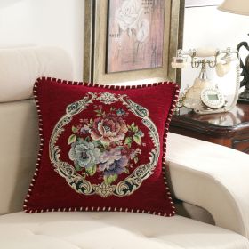 European-style Simple Chenille Flower Pillow Home (Option: Z13B Color Hem Peony Wine Red-48x48cm Pillowcase Only)